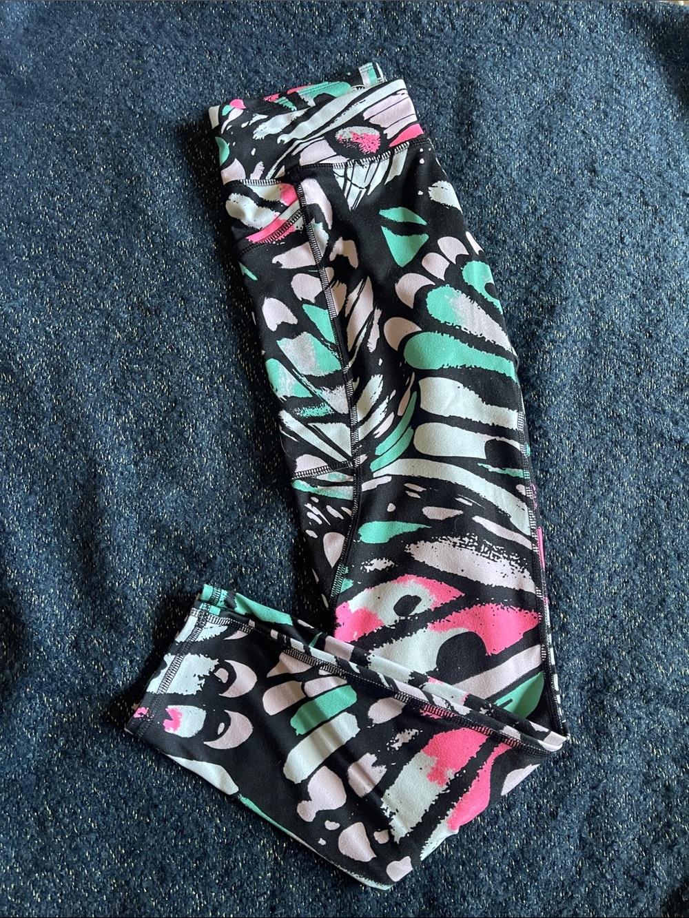 Athletic Works Black Leggings with Mint Green and Pink Abstract Design